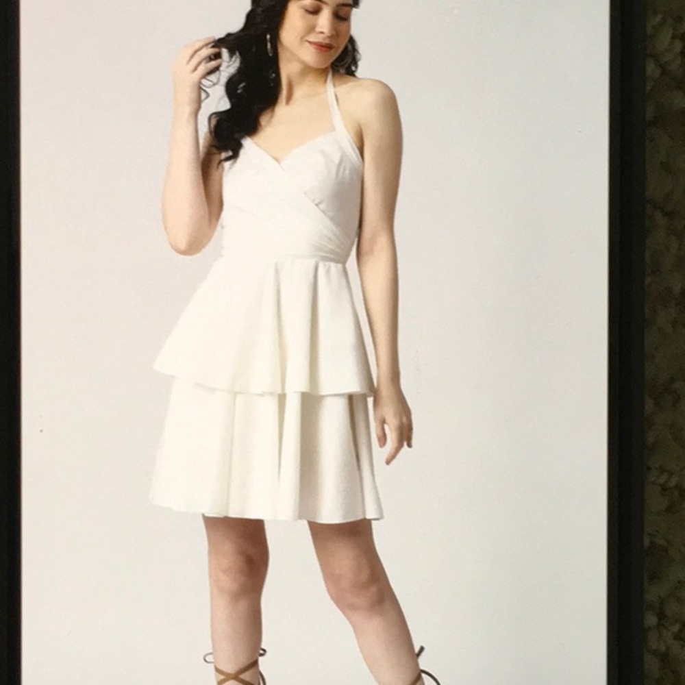 Elegant White Tiered Dress. V neck halter dress. Never worn.